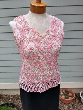 Top: beaded silk, pink/orange on white tank. Size small - by Sigrid Olsen